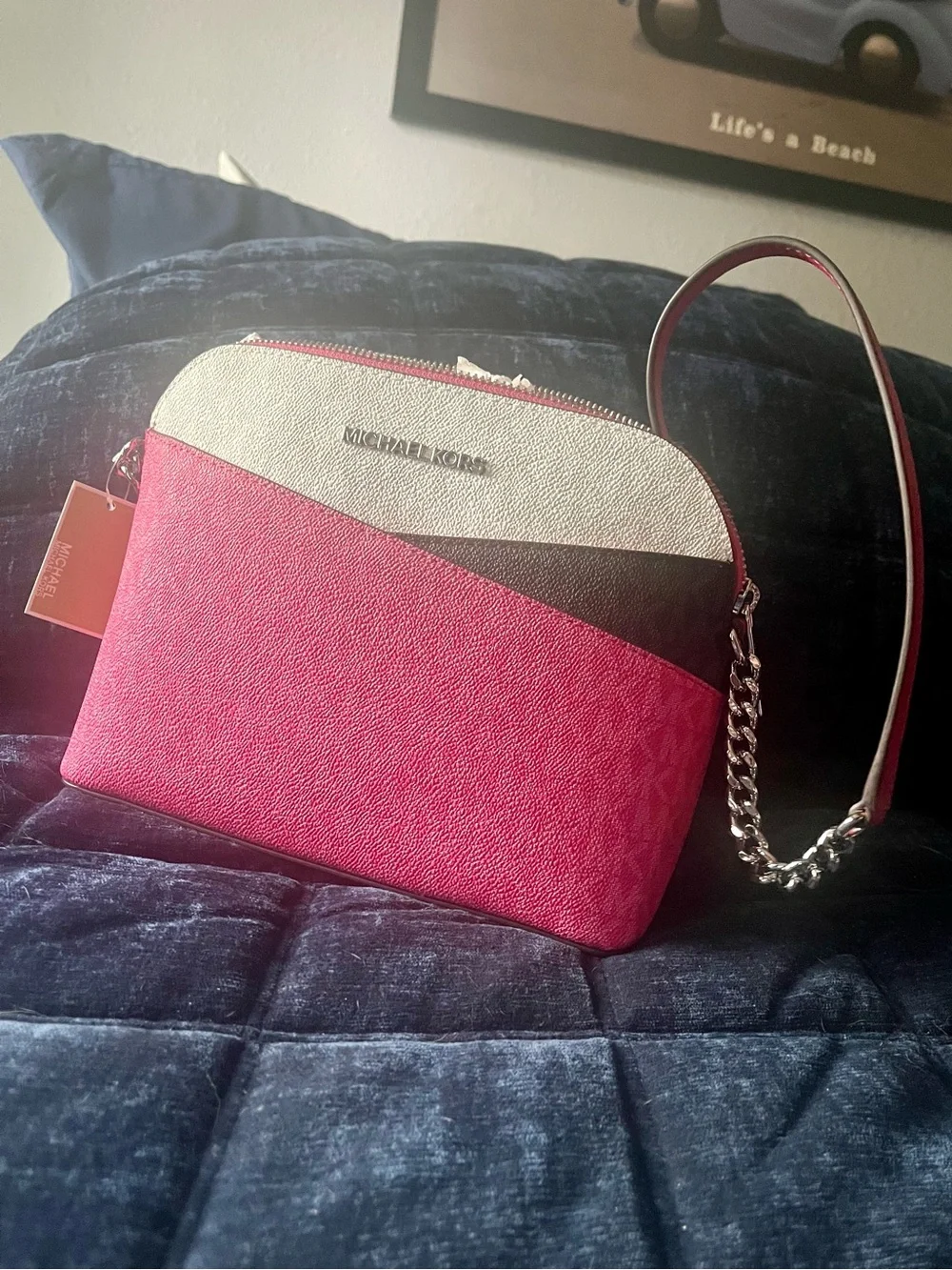 Michael Kors Pink, Cream & Black Diagonal Colorblock Crossbody